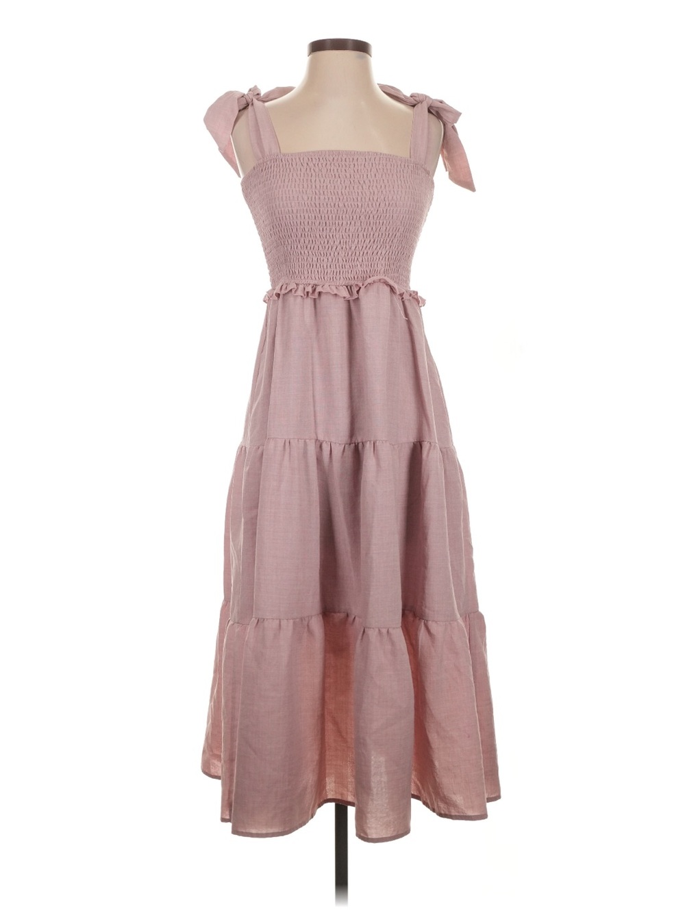 Listicle Sleeveless Smocked Bodice Tie Straps Flowing Tiered Midi Dress• Small